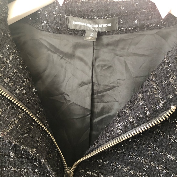 Express Black Swing Jacket Metallic Sparkly Tweed Cropped Zip Up 10 Medium - Picture 4 of 6